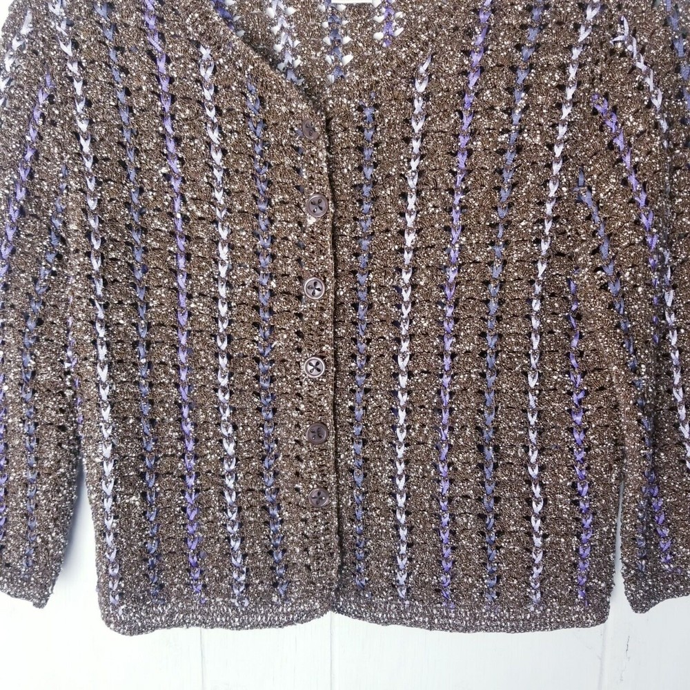 Cynthia Steffe Sweater Women Size Medium Knit Brown Cream Purple See Through - Picture 12 of 16